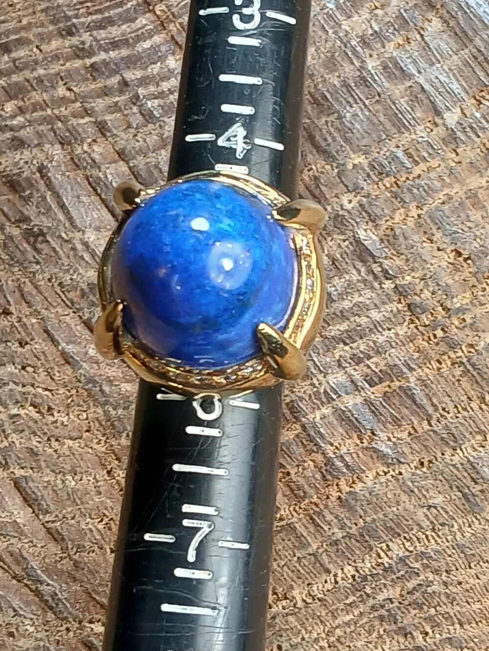 Gold-Tone Lapis Lazuli Statement Ring with Pavé Accents Size 5